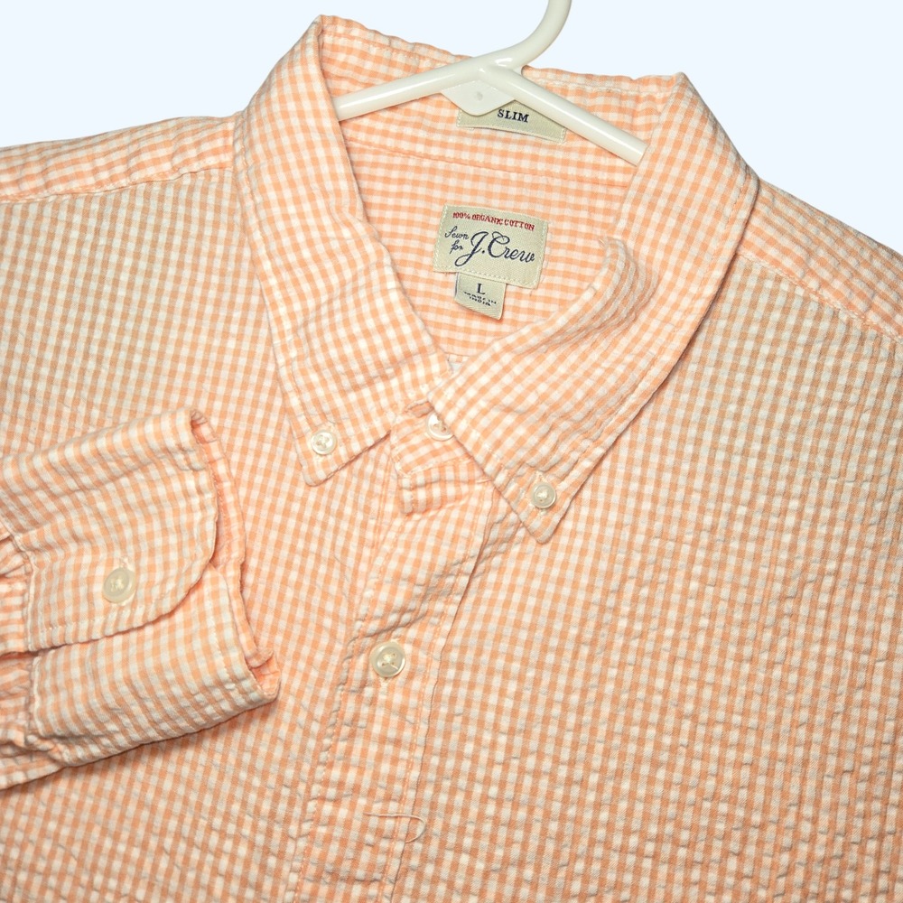 J Crew  Slim Fit Seersucker Gingham Button Down Shirt Orange White Mens Large
